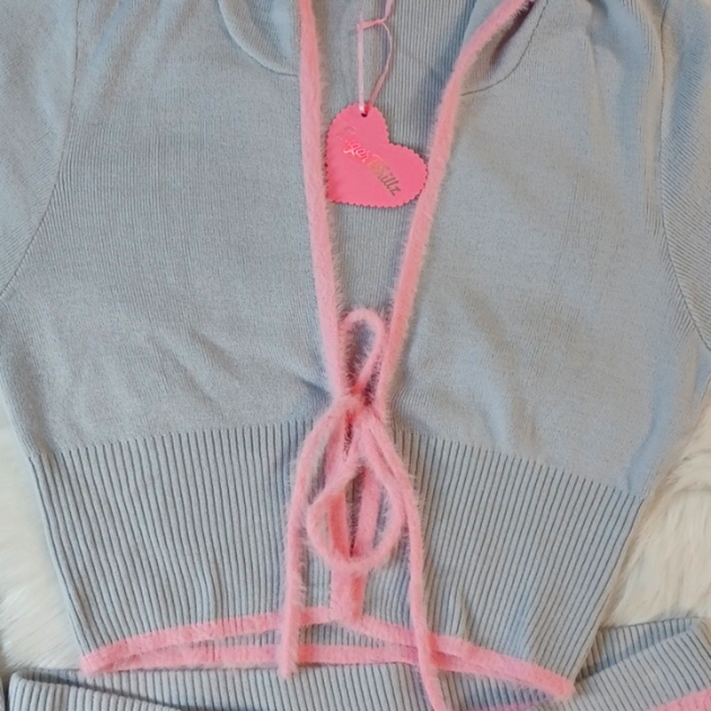 DOLLSKILL SUGAR THRILLZ 1X CRYSTAL QUIET SKIRT SET GRAY/PINK TRIM SOFT KNIT - Picture 9 of 17